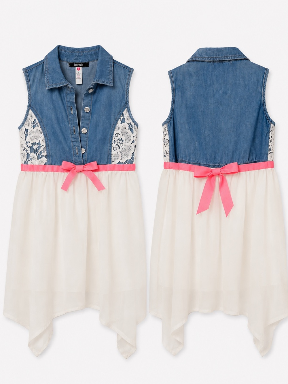 Kensie Denim Top Ivory Skirt Dress with Pink Ribbon